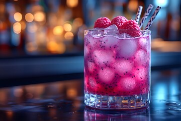 Wall Mural - Refreshing Raspberry Dragon Fruit Cocktail with Ice for Summer Parties and Bar Menus