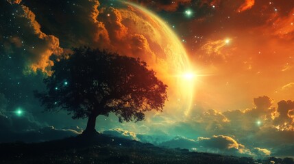 Wall Mural - A single tree stands tall against a backdrop of vibrant planets and stars in a surreal dreamscape.