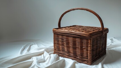 Sticker - Woven wicker basket with handle placed on soft white fabric background in a minimalist setting