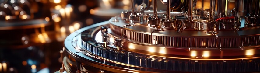 Poster - Close up view of an intricately designed vintage clockwork mechanism featuring a complex arrangement of brass and copper gears cogs and other precision engineering components