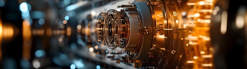 Poster - Close up view of intricately assembled industrial machinery components with gears turbines and other complex mechanisms in a high tech manufacturing or engineering environment