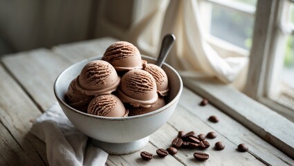 Wall Mural - Chocolate ice cream scoops in a bowl on a wooden table with coffee beans and soft fabric near a window with natural light