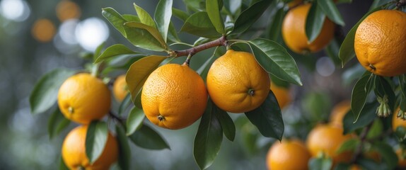 Poster - Oranges hanging on a tree branch surrounded by green leaves with a blurred background of an orange orchard.