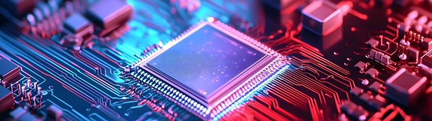Poster - Closeup macro view of a complex computer circuit board filled with microchips processors and other electronic components