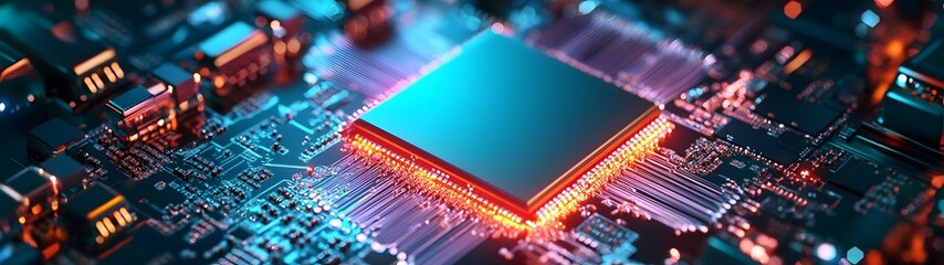 Aufkleber - Closeup macro view of a complex electronic circuit board with integrated microchips resistors capacitors and other data processing components in a high tech style background