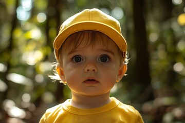 Canvas Print - Small child in a yellow cap explores a lush green forest during golden hour light