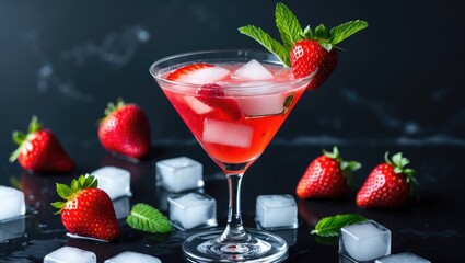 Wall Mural - Strawberry cocktail in a martini glass with ice cubes and fresh strawberries on a dark background