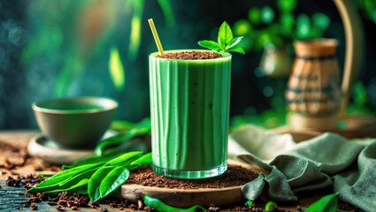 Wall Mural - Matcha green tea smoothie with chocolate powder topping served in a glass with mint leaves on a rustic wooden table