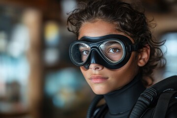 Young diver prepares for underwater adventure in a scenic marine environment with focus on diving gear and determination