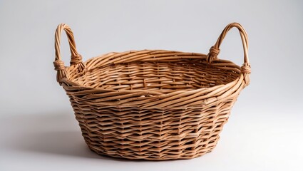 Canvas Print - Woven wicker basket with handles on a solid background suitable for decorative and functional purposes in home organization