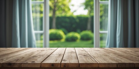 Wall Mural - Wooden table top with blurred garden view through large windows with curtains in a bright room.