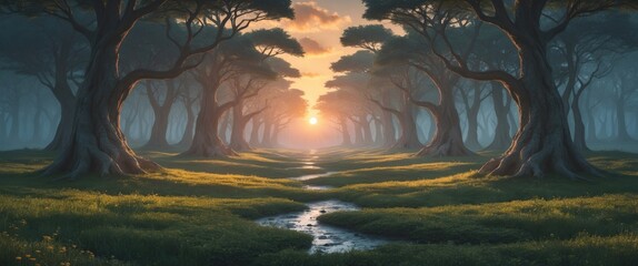 Wall Mural - Sunrise in a tranquil forest with tall trees, golden light illuminating the path, and a stream flowing through lush green grass