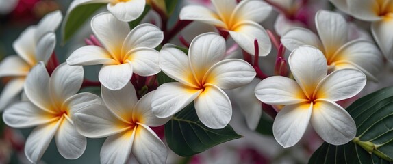 Poster - White plumeria flowers with yellow centers and green leaves close-up in natural light against a blurred background