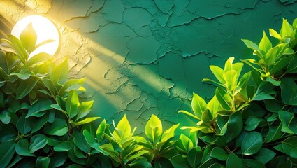 Canvas Print - Green textured wall with vibrant foliage and soft light illuminating leaves creating contrasting shadows and highlights.