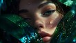 © Chaikit - High-end cosmetic campaign style, deep emerald jungle leaves, glowing bronzed skin, water droplets on foliage, mysterious dark backdrop, editorial fashion photography, natural radiant makeup