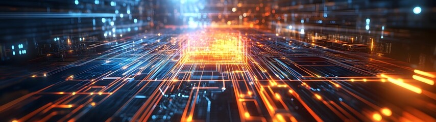Poster - Dynamic Futuristic Digital Abstract Background with Luminous Neon Lights and Glowing Data Flow Patterns  Bright and vibrant visual design with high tech circuit board like elements