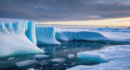 Wall Mural - icebergs and glacial formations in a serene arctic landscape with calm waters reflecting the sky at 