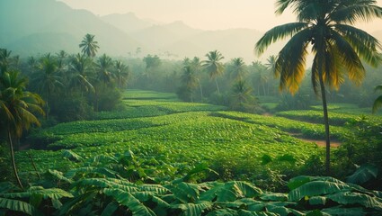 Wall Mural - Lush green agricultural landscape with palm trees and distant hills under soft morning light