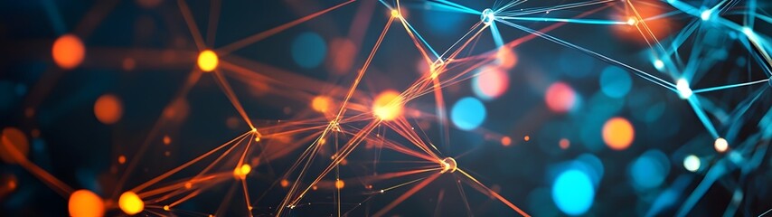Fototapete - Futuristic abstract digital network technology background with interconnected particles and glowing neon lights  Concept of intelligence and modern innovation