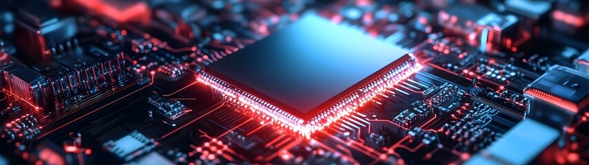 Leinwandbilder - Futuristic circuit board with glowing microchips intricate digital patterns and a high tech cyberpunk inspired aesthetic