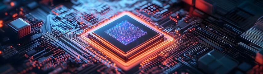 Leinwandbilder - Futuristic cyberpunk inspired circuit board with glowing red and blue microchips complex digital patterns and high tech electronic components  Represents the advanced intelligence