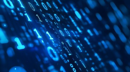 Leinwandbilder - Futuristic Digital Data Stream with Binary Code and Technological Abstract Background  Blue Glowing Lights Dots Lines and Numeric Symbols in a Dark Style 3D Render