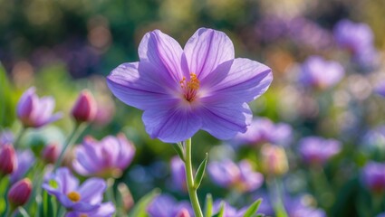 Poster - Delicate Blooming Purple Flower in Vibrant Garden Setting with Soft Focus and Natural Light