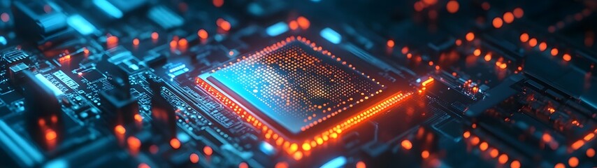 Aufkleber - Futuristic Microchip on Intricate Circuit Board with Glowing Energy Flows Symbolizing the Power and Complexity of Modern Technology and Digital Innovation