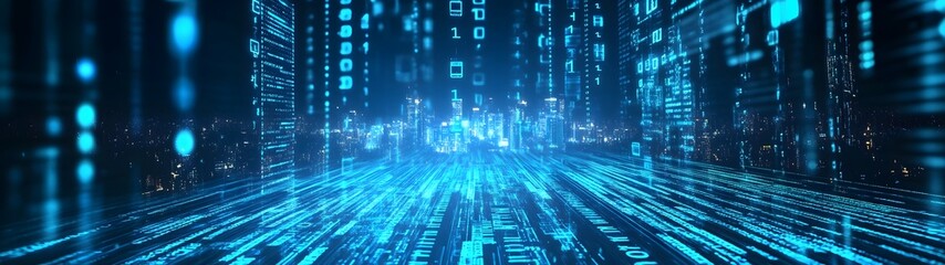 Fototapete - Glowing blue data flow and abstract cyberspace patterns in a futuristic digital landscape  Visualization of advanced intelligence and the future of innovation and progress