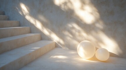 Wall Mural - Staircase and spheres sit in the sunlight inside the building