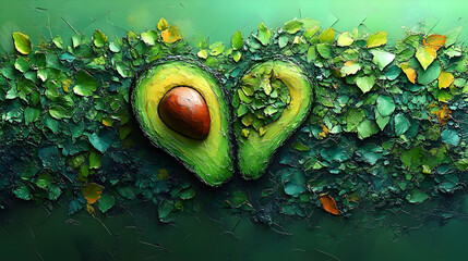 Wall Mural - Two Avocado Halves Forming Heart Shape Surrounded by Lush Green Foliage