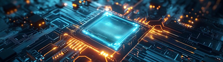 Fototapete - Glowing Futuristic Microchip Landscape with Vivid Digital Circuit Patterns High Tech Intelligence and Quantum Computing Concept Abstract Technology Background