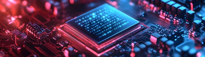 Fototapete - Glowing Microchip on Circuit Board with Futuristic Technology Backdrop  Closeup of a high tech electronic circuit with a central processor chip and various other digital components