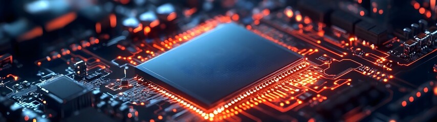 Leinwandbilder - Illuminated circuit board with glowing microchips processors and intricate electronic connections symbolizing technological advancement engineering innovation and digital data transmission