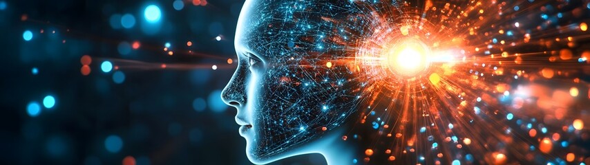 Poster - Intelligence Explosion of Brilliant Mind s Cosmic Illumination   Conceptual image depicting the innovative and transformative power of human intelligence and technological progress