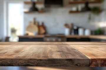 Wall Mural - rustic wooden table surface with warm tones against artistically blurred modern kitchen creating depth and atmosphere for product display