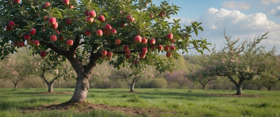 Wall Mural - Lush apple orchard in bloom showcasing vibrant apples and flowering trees against a serene landscape with space for text.