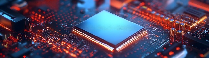 Poster - Intricate digital circuits futuristic microchip technology and advanced semiconductor components on a high tech circuit board background with vibrant colors and intricate patterns