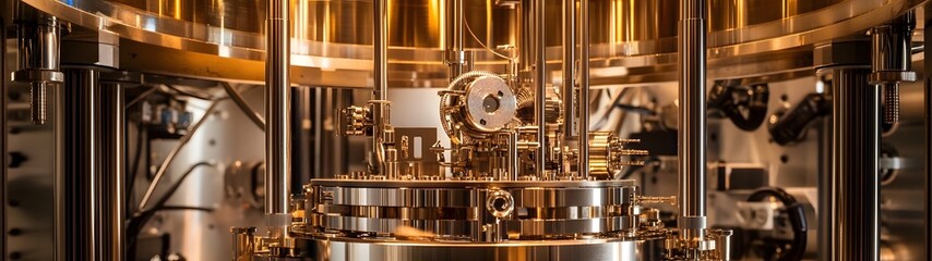Leinwandbilder - Intricate stainless steel brewery or distillery equipment with an array of pipes valves gauges and control panels
