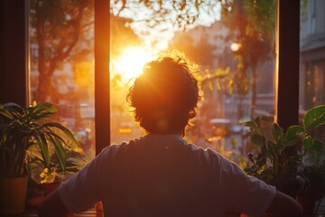 Aufkleber - Relaxing moment during sunset with plants in a cozy indoor setting