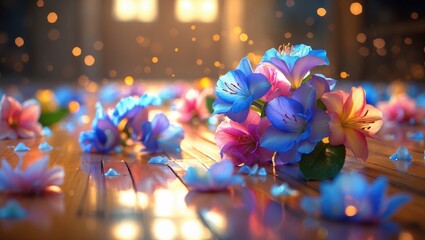 Canvas Print - Vibrant Floral Arrangement on a Wooden Floor Surrounded by Colorful Petals and Soft Bokeh Lighting