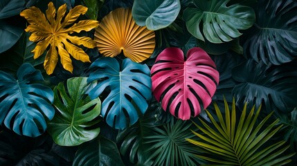  Colorful tropical leaves arrangement, nature backdrop, decoration, design element, presentation