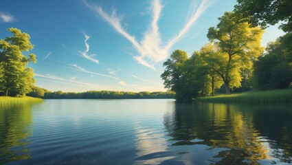 Canvas Print - Tranquil Summer Landscape with Serene Lake and Lush Greenery Under Bright Blue Sky Offering Space for Custom Text