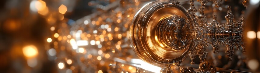 Poster - Magnificent Crystal Chandelier Hanging from the Ceiling of an Opulent Luxury Interior Emitting a Warm Amber Glow and Casting Sparkling Reflections Through the Intricate Ornate Decorative Design