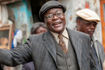 Wall Mural - Smiling man in a suit waves to the camera in a vibrant urban neighborhood during a sunny afternoon