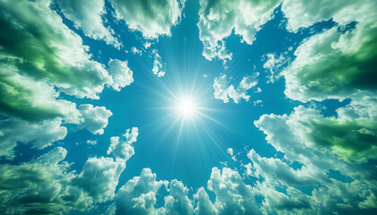 Wall Mural - bright sun shining through fluffy clouds in blue sky creates serene atmosphere