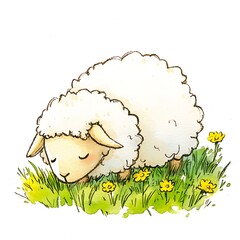 Sticker - Watercolor Illustration of a Cute Sheep Grazing in a Meadow