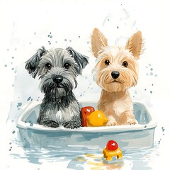 Canvas Print - Two Adorable Dogs Enjoying a Bath Time Together.