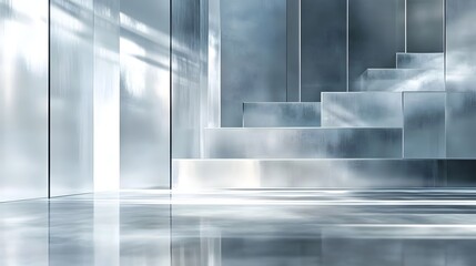 Poster - Minimalist architectural interiors featuring captivating glass reflections geometric patterns and a clean serene atmosphere  The image conveys a futuristic modern