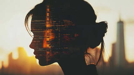 Silhouette of a woman with a cityscape and code overlay at sunset.